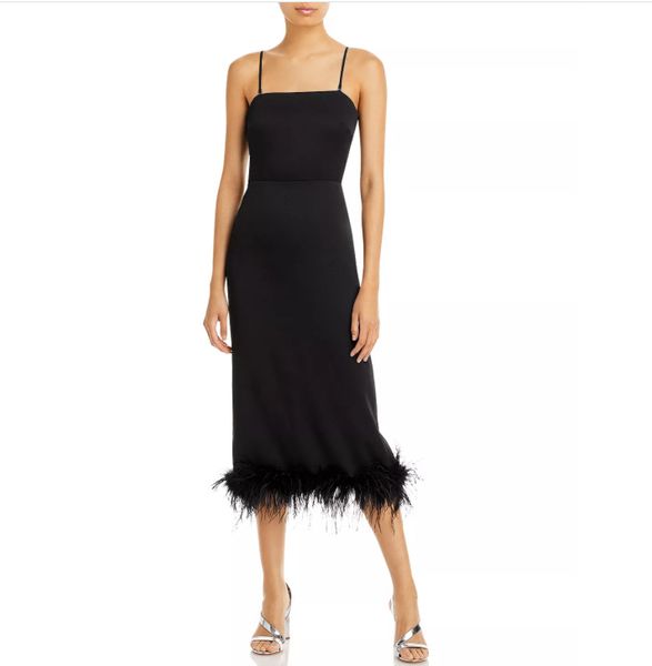 Elegantes vestidos de noche negros de crepé elegante con plumas de espagua de espagueti medias vestidos de fiesta para mujeres para mujeres