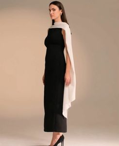 Elegante korte crêpe blackivory avondjurken met linten/split schede enkel lengte ritssluiting back prom jurken feestjurken voor vrouwen