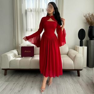 Elegante korte rode chiffon avondjurken met mouwen A-lijn geplooide enkellengte prom-jurkjurken voor vrouwen voor vrouwen