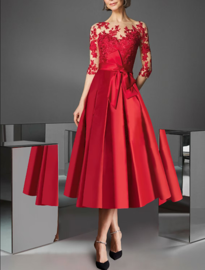 エレガントな短い赤いレースの花嫁のドレスとポケット付きサテン3/4スリーブゴッドマザードレスフォーマルパーティーガウンプリーツラマドレベスティドデヴィア女性ドレス