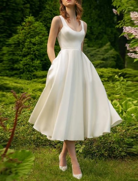 Elegantes vestidos de novia cortos de satén con escote redondo y bolsillos Línea A marfil por encima del tobillo Vestido de novia de jardín con cremallera en la espalda Vestido de novia Women Dresses