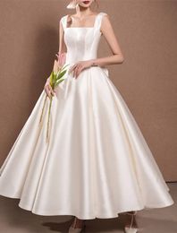 Vestidos de novia elegantes cortos de satén con cuello cuadrado, color marfil, con bolsillos, corte en A, hasta el tobillo, con cremallera en la espalda, vestidos de novia para mujer