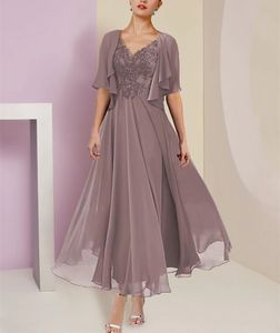 Elegant Short V-Neck Lace Mother of the Bride Dresses A-Line Chiffon Pleated Ankle Length Zipper La madre del vestido de novia Women Dresses for Women