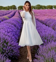 Élégante robe De mariée courte dentelle Tulle modeste à manches longues Scoop bohème plage jardin robes De mariée 2023 Vestido De Novia