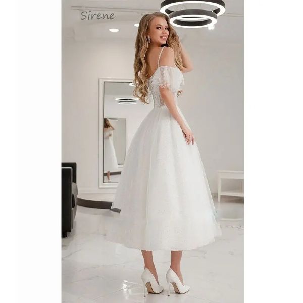 Vestidos De novia cortos elegantes, escote en forma de corazón con hombros descubiertos, tirantes finos, longitud del té, vestidos De novia De tul, Vestido De novia YD