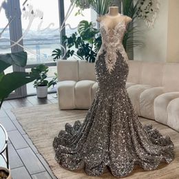 Elegant Sier Grey Prom For Black Girls Mermaid Party Dresses 2024 Drinestone Sheer Neck Evening Gala Vestido