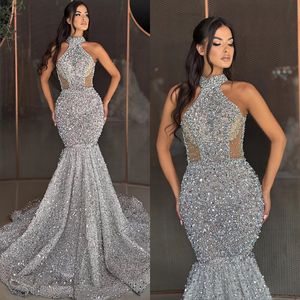 Elegante Sier Mermaid -avond pailletten halter formeel feest prom jurk rode loper lange jurken voor speciale ocn