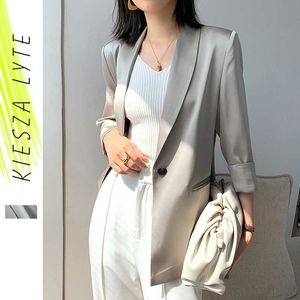 Élégant Argent Gris Trois Quarts Manches Blazer Vêtements D'été Pour Femmes Mode Acétique Satin Mince Veste Outwear 210608