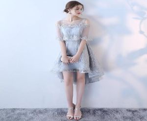 Elegante zilveren hoge lage afstudeerjurken 2020 Goedkope applique kant met sjaal prom jurken sexy feestjurken Homecoming Dress Cust6183579