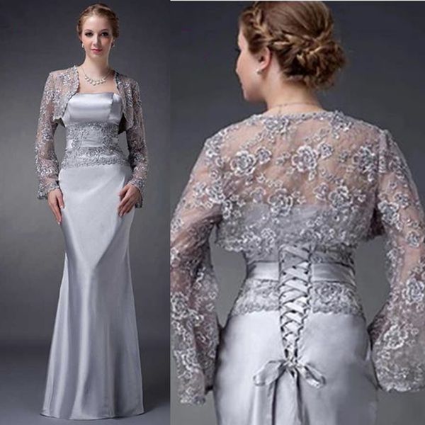 Elegante sirena plateada Vestidos para madre de la novia con chaqueta corta de encaje Tallas grandes Mujer Manga larga Vestidos de noche formales Vestido de invitados de boda por encargo