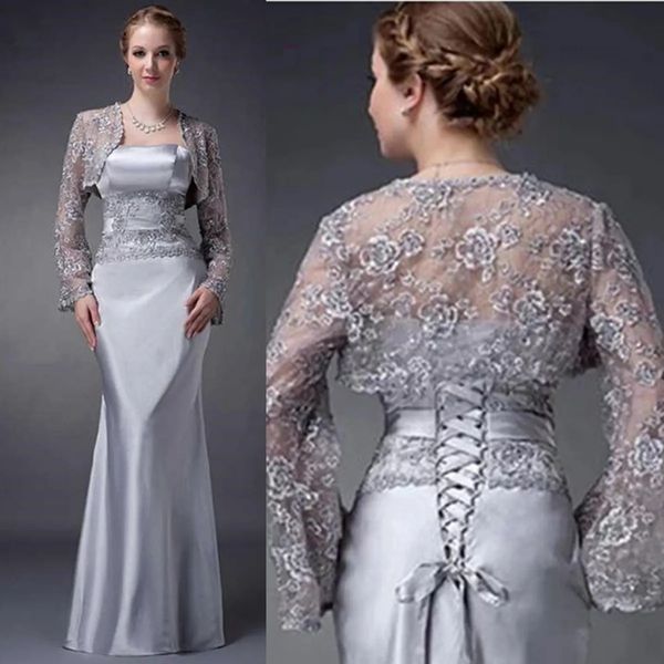 Élégant Argent Sirène Mère De La Mariée Robes Avec Veste En Dentelle Courte Plus La Taille Femmes Manches Longues Formelle Robes De Soirée De Mariage Invité Robe