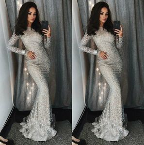 Elegant Silver Mermaid Prom Dresses 2019 Juweel Hals Lovertjes Formele Avondjurken Lange Mouwen Pageant Party Jurk Plus Size