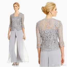 Elegant Silver Mother of the Bride Pant Suits plus Taille Groom Mère de soirée Suit Suit en mousseline de mousseline