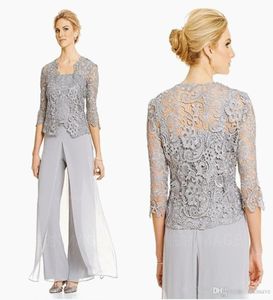 Elegante zilveren moeder van de bruid broekpakken plus size bruidegom moeder avondfeest pak chiffon broek buiten kant bruiloft Gues9090296