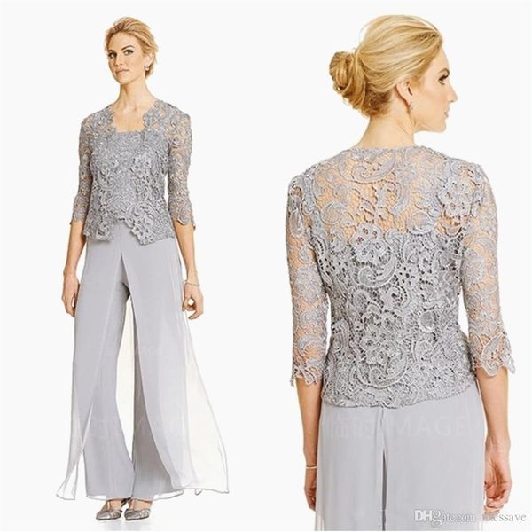 Élégant Argent Mère De La Mariée Pantalon Costumes Plus La Taille Marié Mère Soirée Costume En Mousseline De Soie Pantalon En Plein Air Dentelle De Mariage Gues307L