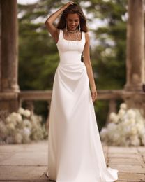 Elegant Simple plage plus taille une ligne robes de mariée bohème carré couche en satin plissages drapés jardin gardien Boho Bridal Vestidos de Novia