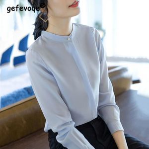Elegante Eenvoudige Business Casual Office Lady Blauw Wit Button Up Shirt Lente Zomer Mode Lange Mouw Blouses Tops Dames 240322
