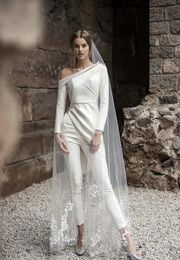 Elegante eenvoudige jumpsuit trouwjurken bruidsjurken enkellange lange mouw satijnen pantsuit vestidos de novia