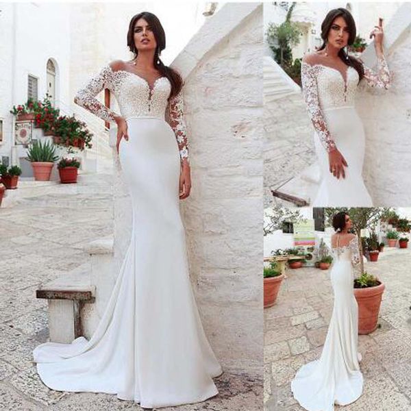 Elegantes vestidos de novia simples de sirena Cuello transparente Apliques de encaje Ilusión Top 2019 Vestidos de novia con tren pequeño vestidos de novia