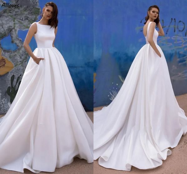 Elegante simple satén una línea vestidos de novia con bolsillo blanco Boho Garden Beach vestidos de novia tren de barrido sexy sin espalda novia batas de Mariee más tamaño CL3275