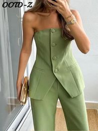 Pantalon supérieur sans manches élégant sets femmes Green Single Breasted Tops High Wide Leg Pant Lady Suit Spring Two Piece Set 240530
