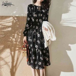 Élégant Slim Fit Midi longues robes noir Vintage femmes Floral printemps et automne robe de fond 13496 210521