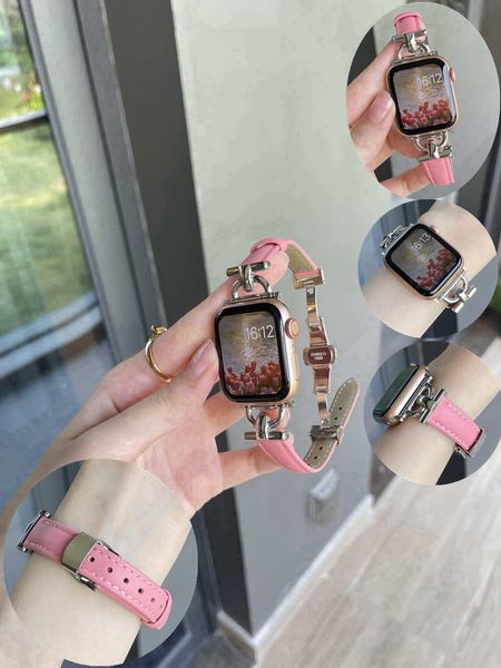 Bracelets de montre minces élégants Bracelet Boucle papillon en argent pour Apple iWatch Band 41mm 38mm 40mm 44mm Iwatch 5 7 8 49mm Connecteur en métal D Véritable cuir de vache Femmes Filles