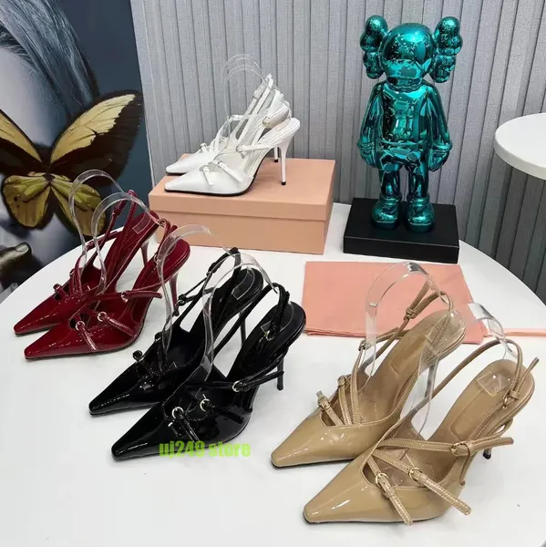 Elegantes slingbacks zapatos de vestir mujeres verdadera hebilla de cinturón sandalias de tacón alto moda diseñador de lujo puntiagudo sandalia clásica diapositivas zapato de fiesta