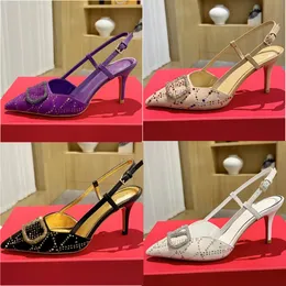 Slingbacks élégants femmes sandales de créateur à talons hauts boucle décontractée en peau de mouton daim classique cristal décoratif bout pointu mode robe de soirée chaussures