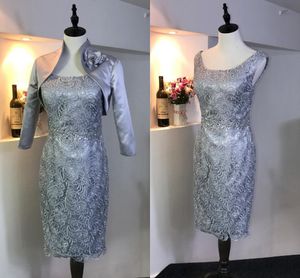 Elegante Sliver 2018 Moeder van de Bruid Bruidegom Jurken Twee Stukken Juweel Hals Kant Bodice Knielengte Goedkope Prom Avondjurk