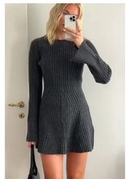 Vestido de punto acanalado liso elegante para mujer, minivestidos de manga larga con cuello redondo a la moda, Otoño Invierno 2023, Vestidos de fiesta para mujer 240115