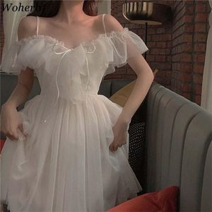 Elegante Solid Summer Dress Dames Sexy Off Shoulder Mesh Gaas Robe Koreaanse Jurken Vrouwelijke Spaghetti Vestidos Mujer 25962 210519