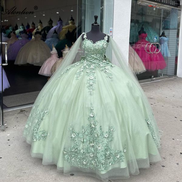 Élégante bretelles spaghetti chérie robe de bal Quinceanera robes perles perles 3D Appliques dentelle bal soirée fête Pageant robes d'anniversaire robe avec enveloppe