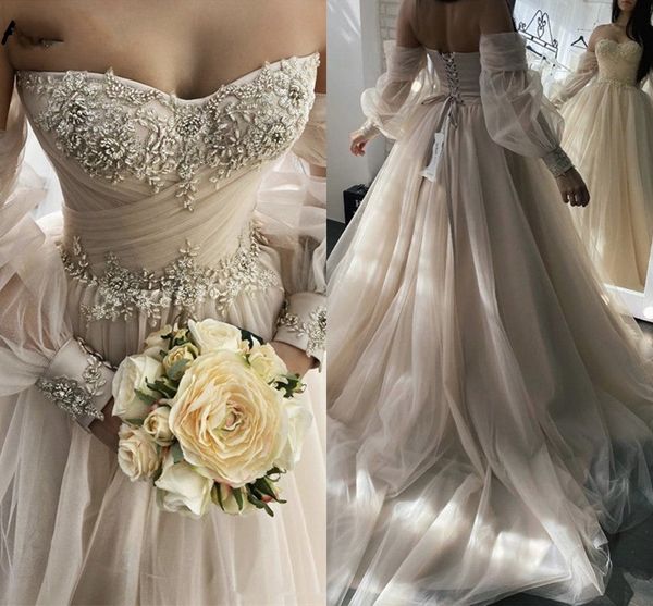 Élégant scintillant une ligne robes de mariée Boho cristaux de conte de fées perles tulle chérie manches longues style campagnard robe de mariée à lacets dos robes De Novia