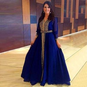 Elegante sprankelende sequines kralen moslim 2021 Dubai Kaftan Royal Blue Prom -jurken Marokkaanse moederavondjurken met lange mouwen