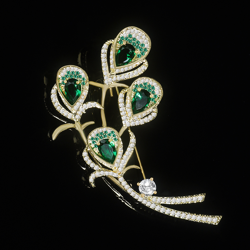 Elegant stamen guldpläterad broscher fpr kvinnor lyxiga gröna ädelstenar diamanter brosch stift kläd smycken prom accessoarer