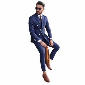 Élégant rayé hommes costumes bleu 2 pièces Fi Peak revers double boutonnage formel décontracté mariage marié smoking blazer avec pantalon J0xO #