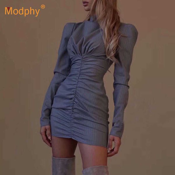 Élégant rayé OL femmes robe automne femme à manches longues col haut plissé moulante mode fête bureau Mini Vestidos 210527