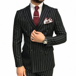 Elegantes trajes a rayas para hombres Chic Peak Lapel Double Breasted Black Male Suit Slim Formal Groom Best Men Wedding Tuxedo 2 piezas K2ND #