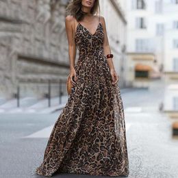 Vestido largo informal con estampado de leopardo para mujer, vestido Sexy de cintura alta con hombros descubiertos y escote en V, estilo elegante