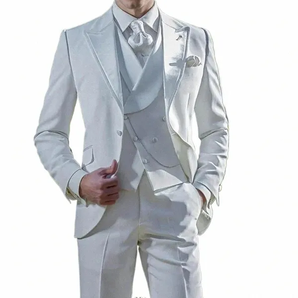 Costumes élégants pour hommes blanc simple boutonnage pic revers marié mariage smoking blazer beau costume masculin 3 pièces ensemble Terno Masculino O1H9 #
