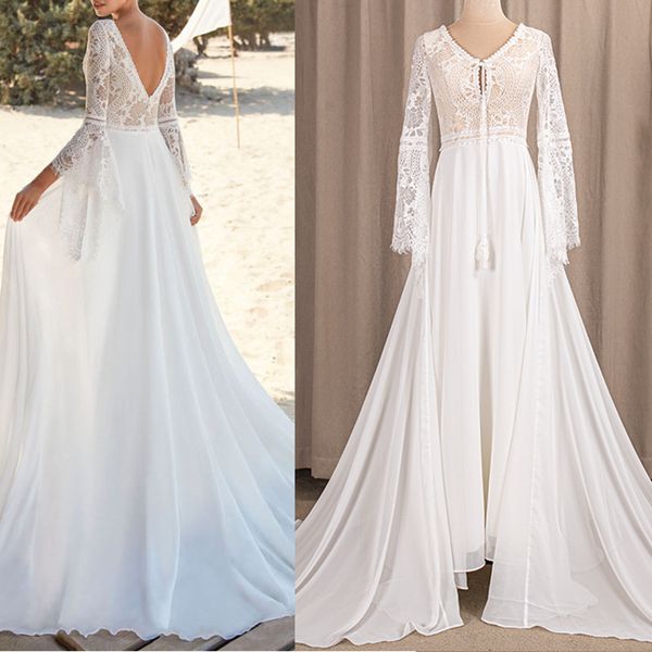 Élégant été Boho Robe De mariée 2022 col en v dentelle mousseline de soie papillon manches dos ouvert robes De mariée Robe Mariage Vestidos De Noiva