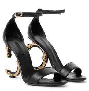 Elegante zomermerken Dames Sandalen schoenen Gepolijste kalfsleer Baroquel Heels Lady Pop Heel Gold-vergulde koolstof dame jurk feest gladiator sandalias 35-43