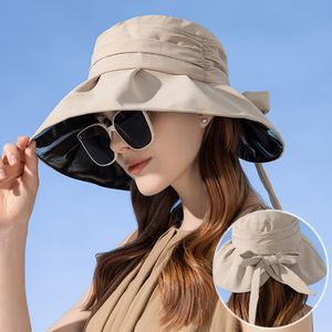 Élégant chapeau seau d'été pour femmes conception plissée vinyle Protection UV chapeau de soleil nœud papillon attaché 11 cm de large bord voyage décontracté casquette de plage
