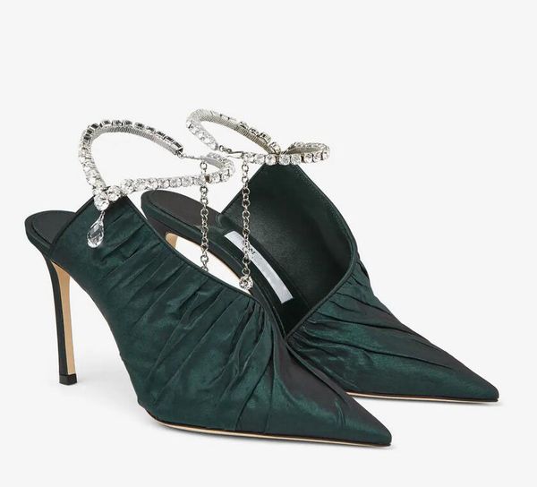 Élégant été dame SADIA cristal bride à la cheville en cuir noir talons hauts chaussures sandales en cristal talons hauts avec chaussures de mariage talons fins fête