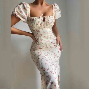 Elegante zomer spleet jurk gewaad vrouwen casual bloemenprint maxi boho strand stijl lange lace up front vestido feminino 210427