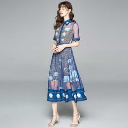 Elegante zomer vrouwen jurk ontwerpers runway mode korte mouw bloemen print patchwork sexy mesh 210529