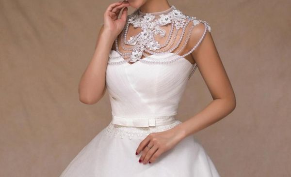 Elegante dulce vintage nupcial encaje manual perlas Casado coreano conjunto barrena pequeño chal blanco Vestidos de novia una palabra hombro necklac1402599