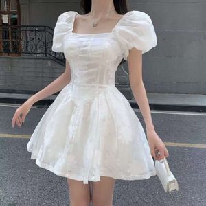 Minivestido de princesa de Organza coreano para mujer, elegante, blanco dulce, cuello cuadrado Retro, manga abombada, esponjoso