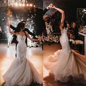 Elegante sweetheart zeemeermin trouwjurk kant applicaties illusie mouwloze bruidsjurken de soiree Turkse couture op maat gemaakt